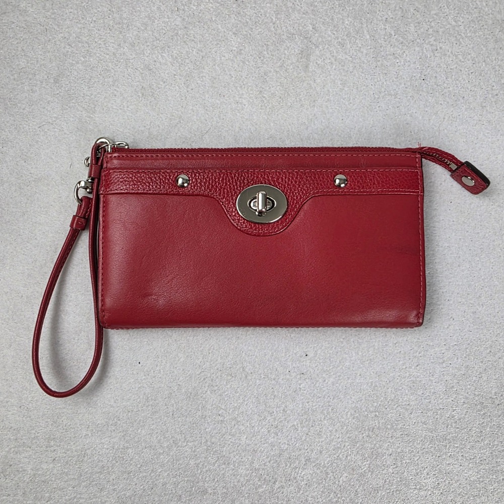 Coach Red Leather Turnlock Zip Wristlet Wallet Silver Hardware